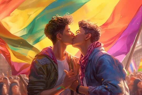 Two young men kissing with LGBTQ+ waving flag in background, falling ribbons around, sunlight, colorful, very detailed, hyper realism, Generative AI Technology