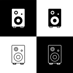 Set Stereo speaker icon isolated on black and white background. Sound system speakers. Music icon. Musical column speaker bass equipment. Vector