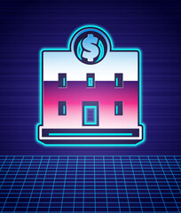 Retro style Bank building icon isolated futuristic landscape background. 80s fashion party. Vector