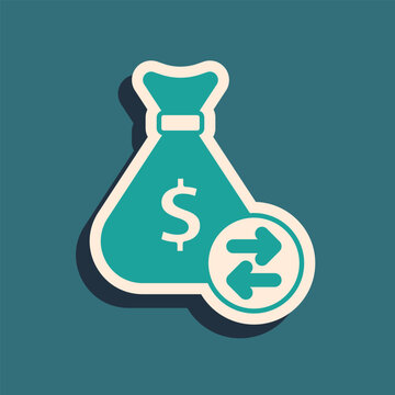 Green Money bag icon isolated on green background. Dollar or USD symbol. Cash Banking currency sign. Long shadow style. Vector