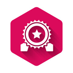 White Medal with star icon isolated with long shadow background. Winner achievement sign. Award medal. Pink hexagon button. Vector