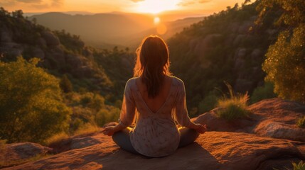 Woman meditating on a rock at the edge of a cliff overlooking a beautiful sunset. Generative AI