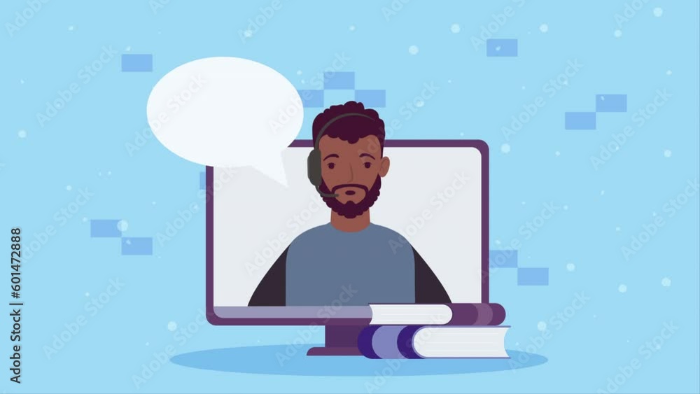 Poster afro man in desktop computer animation