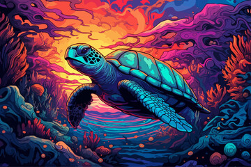 Tortoise swimming in the ocean, coral reef, sunset, in the style of a wood carving in neon colors © Harald