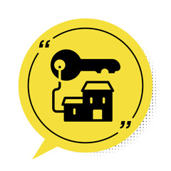 Black Winning house with key icon isolated on white background. Yellow speech bubble symbol. Vector