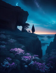 Sunrise at mountains with standing mysterious man