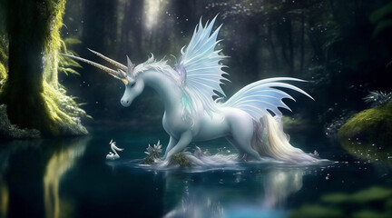 white unicorn dragon mixture in the lake