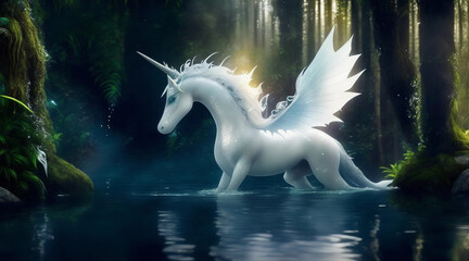 Obraz na płótnie Canvas white unicorn dragon mixture in the lake