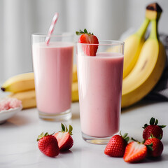 Healthy and tasty banana and strawberry milkshake on a white table
