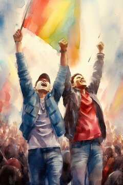 Watercolor painting of Two happy gays with lgbt flags on gay parade, Generative AI Technology