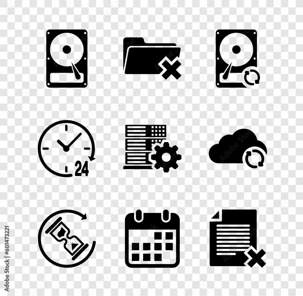 Aufkleber set hard disk drive hdd, delete folder, sync refresh, waiting, calendar and file document icon. vect