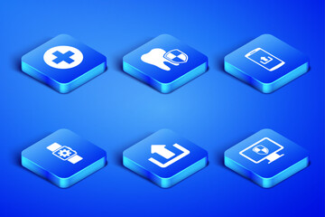 Set Monitor and shield, Medical cross in circle, Upload, Smartwatch setting, Dental protection and Smartphone with upload icon. Vector