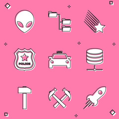 Set Alien, Folder tree, Falling star, Police badge, Taxi car and Server, Data, Web Hosting icon. Vector