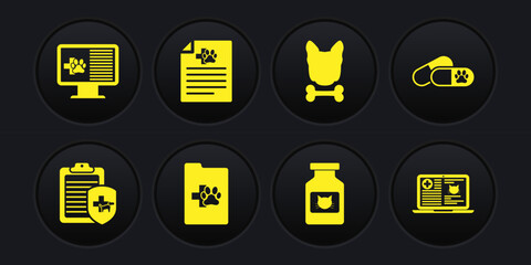 Set Clinical record pet, Dog and pills, , Cat medicine bottle, bone and Medical certificate for dog cat icon. Vector