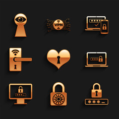 Set Heart with keyhole, Safe combination lock wheel, Password protection, Laptop password, Monitor and Digital door wireless icon. Vector