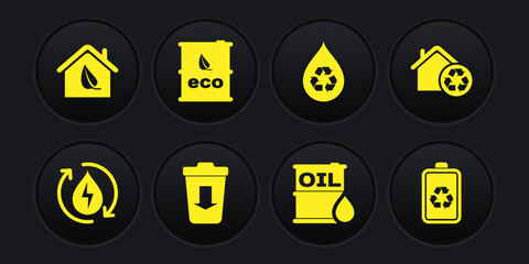 Set Recycle clean aqua, Eco House with recycling, Send to the trash, Oil barrel, Bio fuel, Battery recycle and friendly house icon. Vector
