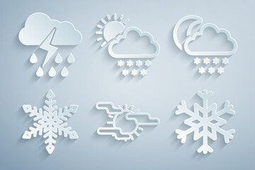 Set Fog and sun, Cloud with snow moon, Snowflake, and rain lightning icon. Vector