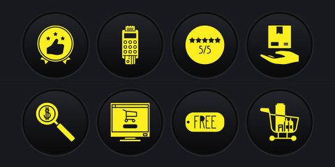 Set Magnifying glass and dollar, Delivery hand with boxes, Shopping cart on computer, Price tag text Free, Consumer or customer product rating, POS terminal credit card, food and icon. Vector