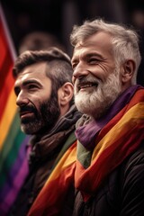 Portrait photograph of Two happy gays with lgbt flags on gay parade, Generative AI Technology