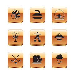 Set Native American Indian, Ice hockey sticks and puck, Christmas mitten, Inukshuk, Lobster, Montreal Biosphere, Cloud with snow and Stone for curling icon. Vector