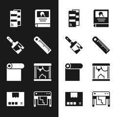 Set Ruler, Paint brush, Pantone, Photo album gallery, Roll of paper, 3D printer, Plotter and Carton cardboard box icon. Vector