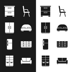 Set Big bed, Wardrobe, Furniture nightstand, Armchair, Refrigerator, Chest of drawers, Sofa and icon. Vector