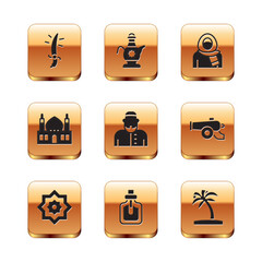 Set Arabian saber, Octagonal star, Perfume, Muslim man, Mosque, woman in hijab, Tropical palm tree and Islamic teapot icon. Vector