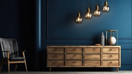 Room with dark teal painted wall desk and objects. Generative Ai