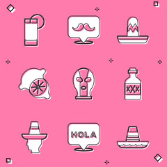 Set Tequila glass with lemon, Mustache, Mexican sombrero, Lime, wrestler, bottle, man and Hola icon. Vector © vector_v