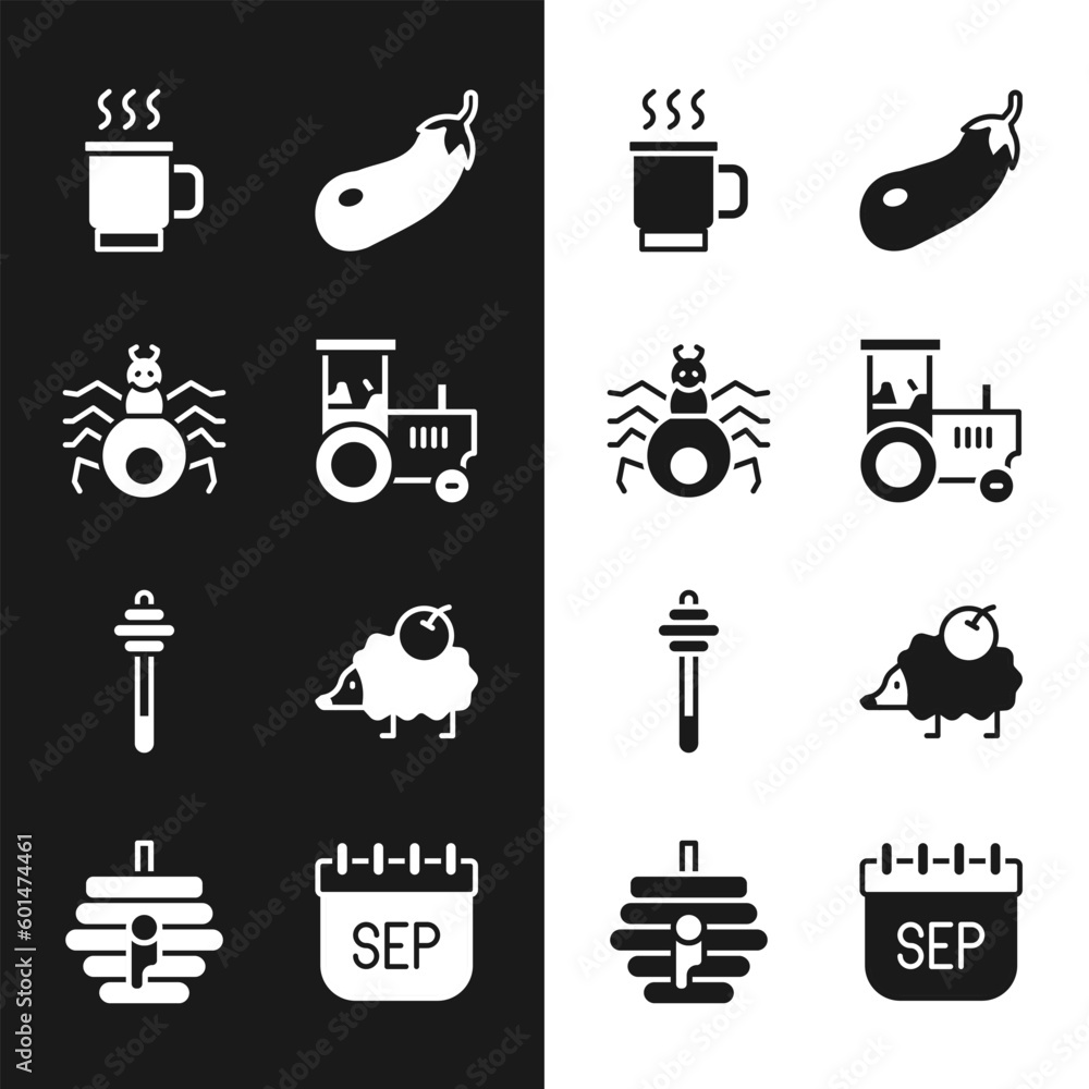 Wall mural set tractor, spider, cup of tea, eggplant, honey dipper stick, hedgehog, september calendar autumn a