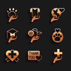 Set Leaf in hand, Thank you with heart, Heart cross, animals footprint, Education grant, Hand holding Earth globe and Animal volunteer icon. Vector
