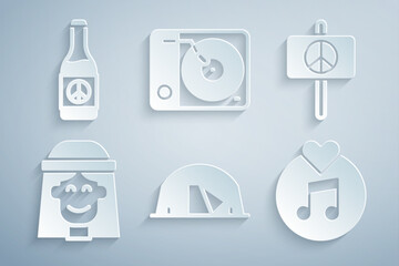 Set Tourist tent, Peace, Hippie girl, Vinyl disk, player and Beer bottle icon. Vector