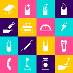 Set Manicure, Nail cutter, Pipette with oil, manicure, Bottle of nail polish, Milling for, file and lamp icon. Vector