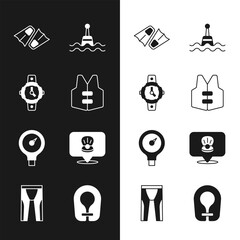 Set Life jacket, Diving watch, Flippers for swimming, Floating buoy, Gauge scale, Scallop sea shell, and Wetsuit scuba diving icon. Vector