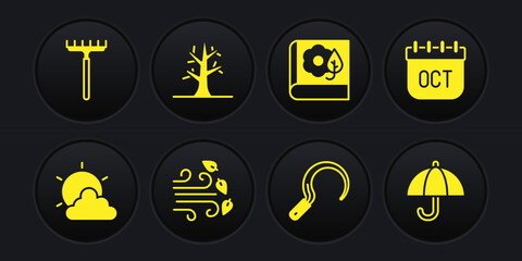 Set Sun and cloud weather, October calendar autumn, Windy, Sickle, Herbarium, Bare tree, Umbrella and Garden rake icon. Vector