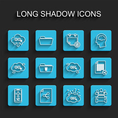 Set line Flight mode in the mobile, Share file, CO2 emissions cloud, Methane reduction, Car sharing, Delete folder, and icon. Vector