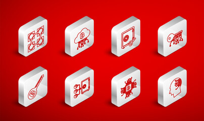 Set line Brain as digital circuit board, Cryptocurrency cloud mining, Proof of stake, key, CPU farm, Blockchain technology, and icon. Vector