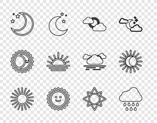 Set line Sun, Cloud with rain, and cloud weather, Moon stars, Sunset, and Eclipse of sun icon. Vector