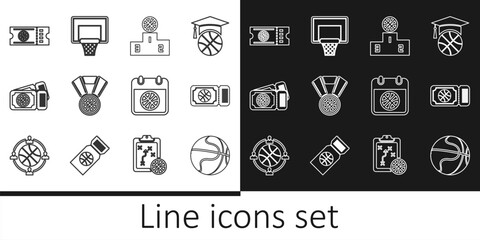 Set line Basketball ball, game ticket, Sports winner podium, medal, on sport calendar and backboard icon. Vector