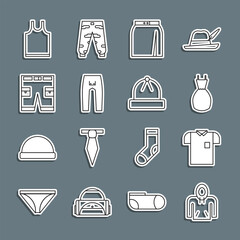 Set line Hoodie, Polo shirt, Woman dress, Skirt, Pants, Short or pants, Sleeveless T-shirt and Winter hat icon. Vector