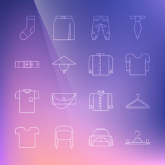 Set line Hanger wardrobe, Long sleeve shirt, Camouflage cargo pants, Asian conical hat, Leather belt, Socks and T-shirt icon. Vector