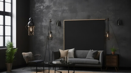 Poster, wall mockup in interior background with dark furniture, industrial style. Generative Ai