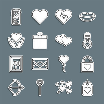 Set line Heart tag, Lock and heart, shape in light bulb, Healed broken, Gift box, hand, Mobile with and icon. Vector