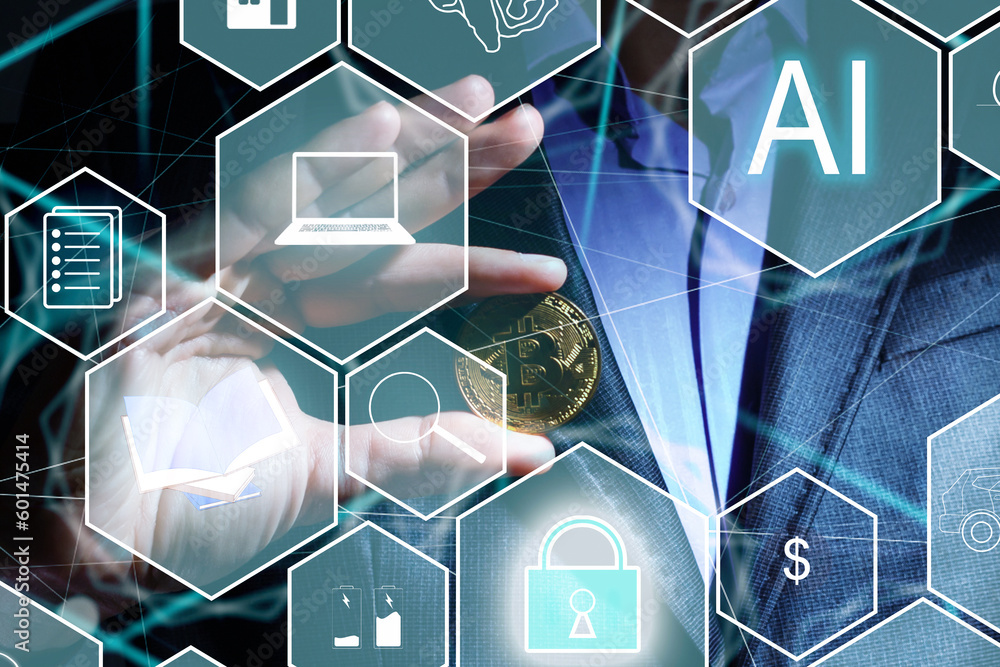 Poster ai tech, businessman show virtual graphic global internet connect chatgpt chat with ai, artificial i