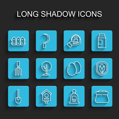 Set line Shovel, Bird house, Garden fence wooden, Full sack, Tree, Shield corn and Chicken egg icon. Vector