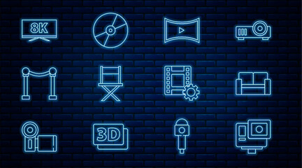 Fototapeta premium Set line Action extreme camera, Cinema chair, Online play video, Director movie, Rope barrier, Screen tv with 8k, Play Video and CD DVD disk icon. Vector