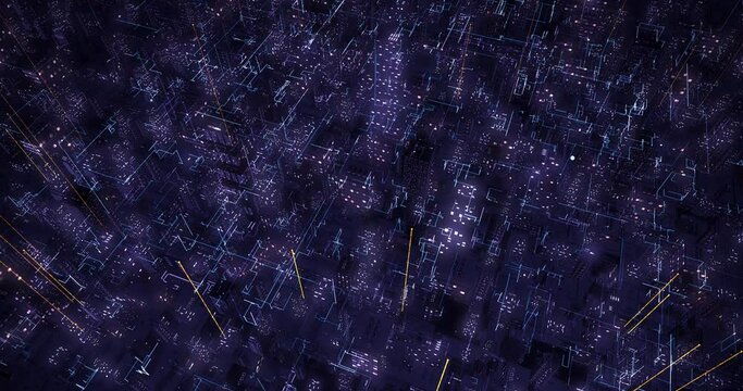 Flying Over Futuristic Cityscape With Glowing Data Lines High Speed Optical Fibers. Technology Related 3D Animation.