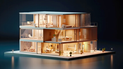 Modern contemporary housing development style as model miniature. Postproducted generative AI illustration.