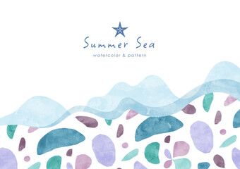 Fototapeta na wymiar 夏の海と波の背景フレーム 癒やし系のシンプル水彩イラスト