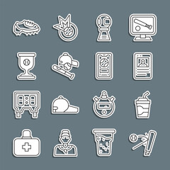 Set line Baseball bat with ball, Paper glass water, card, Award cup baseball, hat, boot and Mobile icon. Vector